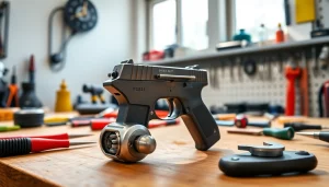 Demonstrating a forced reset trigger on a workshop bench amid professional tools and gadgets.