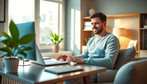 東京オンラインクリニックのAGA口コミ - 居心地の良い自宅オフィスでAGA治療をオンラインで相談する男性。