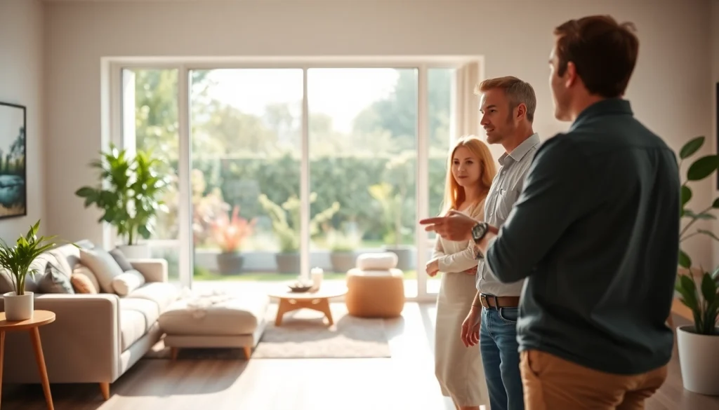 Highlight agents reviewing real estate properties with a couple in a sunny home setting