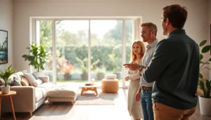Highlight agents reviewing real estate properties with a couple in a sunny home setting