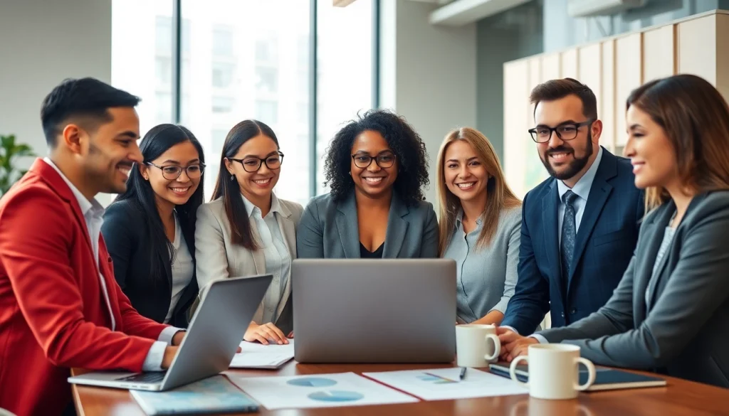 Business team collaborating in a bright office space with diverse professionals.