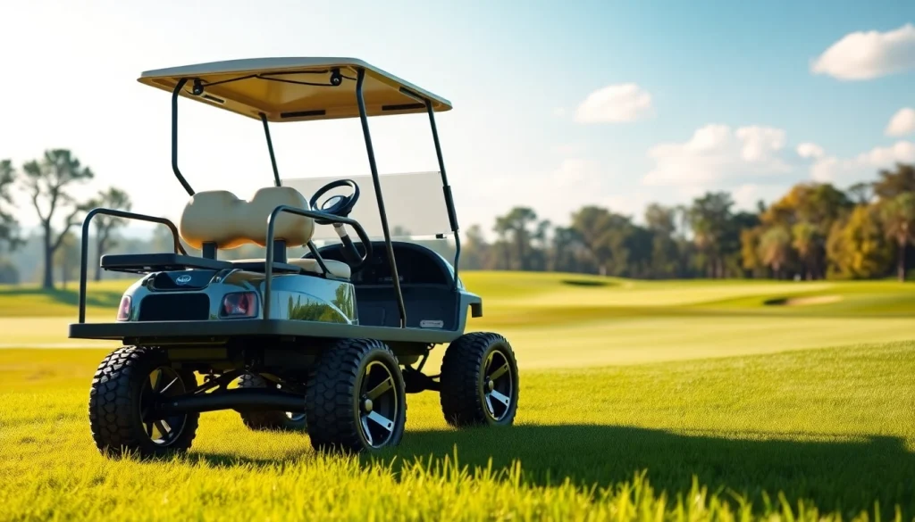 Ride the sirius 6 lifted golf cart through a vibrant golf course, showcasing its modern design.
