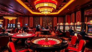 Experience the thrill of gambling at liên minh okwin's luxurious casino with players enjoying poker and slot machines.
