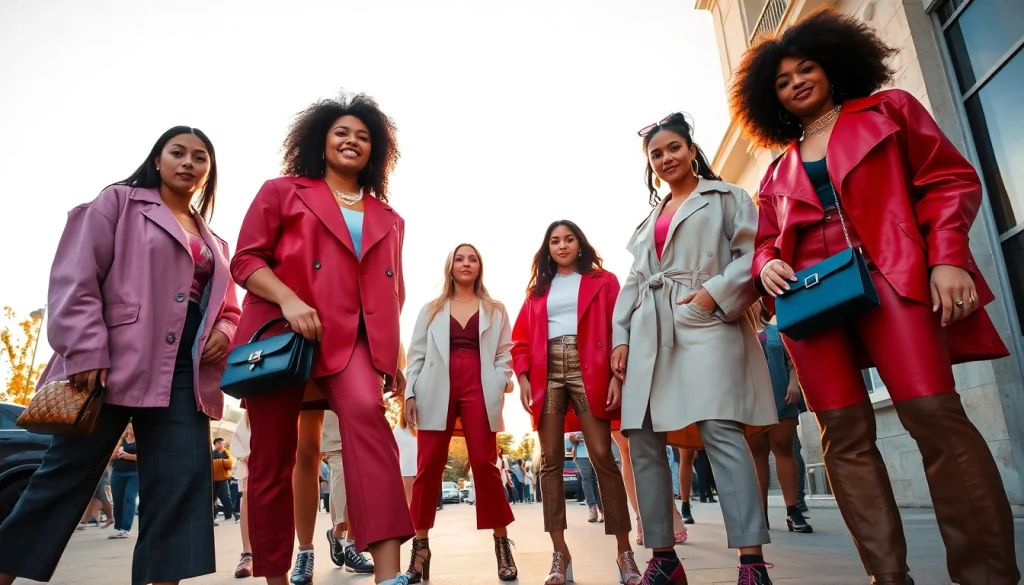 Women’s fashion wear showcased in a vibrant street scene with diverse styles and trendy outfits.