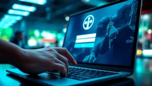 Masuk jentoto login dengan pengguna yang semangat menggunakan laptop di lingkungan permainan.