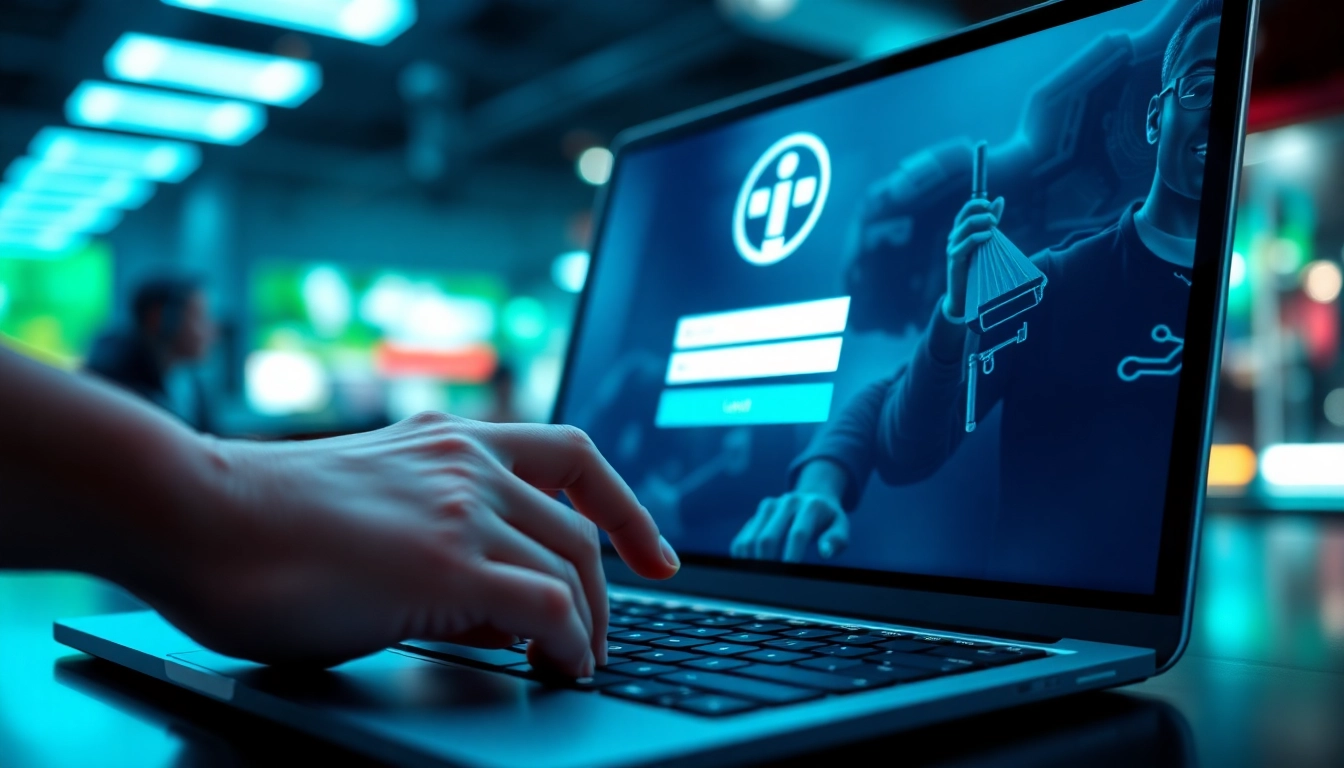 Masuk jentoto login dengan pengguna yang semangat menggunakan laptop di lingkungan permainan.
