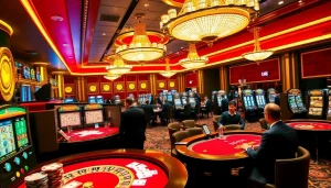 Experience the excitement of 888b.com with a vibrant casino scene featuring immersive slot machines and poker tables.