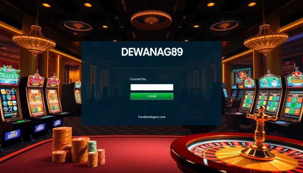 Akses halaman login DEWANAGA89 yang menarik dengan elemen poker dan kasino yang penuh warna.