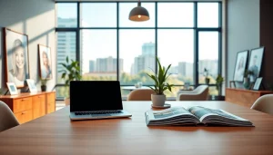 Real Estate office setting with modern decor and inviting atmosphere showcasing property listings.