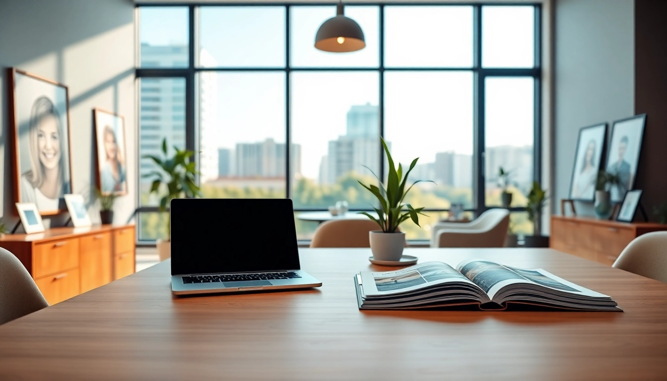 Real Estate office setting with modern decor and inviting atmosphere showcasing property listings.