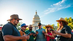 Engaging sports betting in Texas scene showcasing fans analyzing information at iconic Texas landmarks.