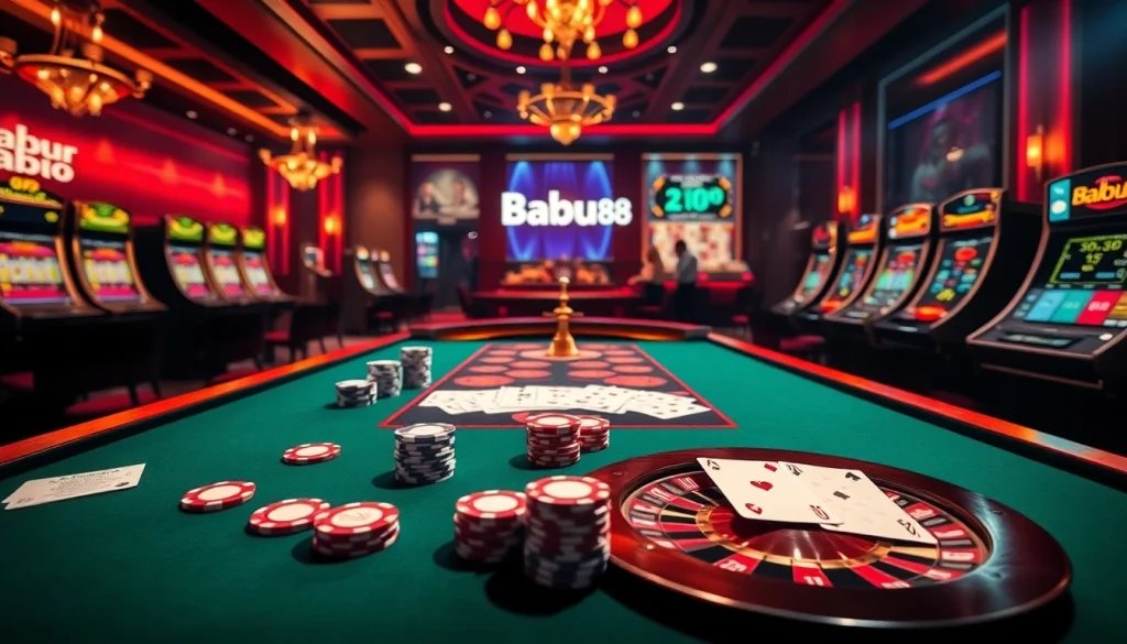 Babu88 online casino featuring luxurious poker table, vibrant chips, and glowing slot machines.