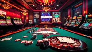 Babu88 online casino featuring luxurious poker table, vibrant chips, and glowing slot machines.