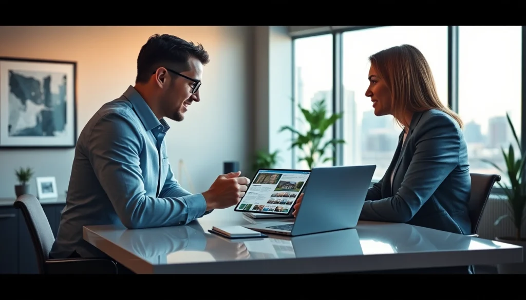 Engaging real estate agent showcasing listings in a professional office setting.