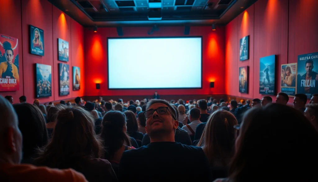 Experience the vibrant atmosphere of cinema as movie lovers enjoy films together, celebrating storytelling through cinema.