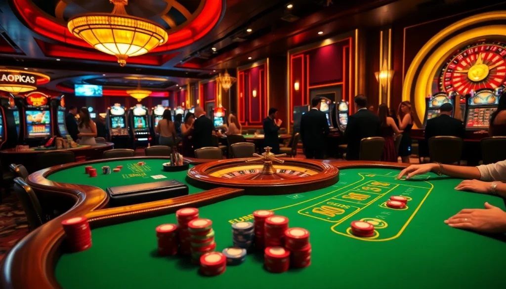 Players enjoying a thrilling moment at jun88 com casino tables with vibrant colors and elegant dealers.