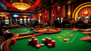 Players enjoying a thrilling moment at jun88 com casino tables with vibrant colors and elegant dealers.