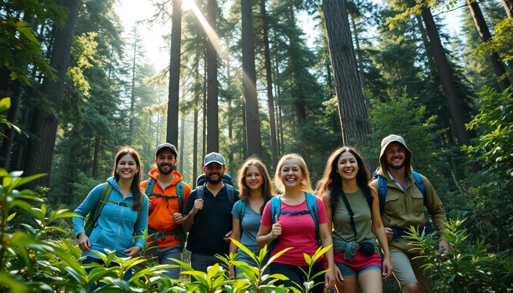 Engage with adventure travelers at https://fernweh-abenteuer.de in a vibrant forest setting.