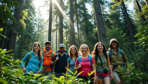 Engage with adventure travelers at https://fernweh-abenteuer.de in a vibrant forest setting.