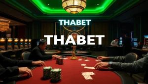 Players enjoy a thrilling poker game at THABET's modern casino, featuring vibrant atmosphere and high-stakes chips.