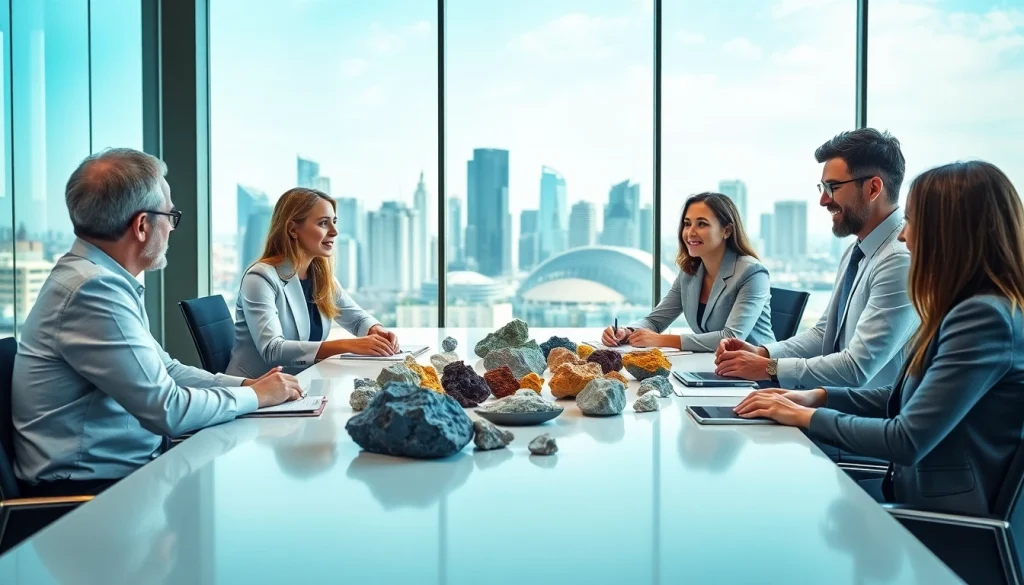 Engaging scene of ore brokers trading in a modern office with mineral samples.