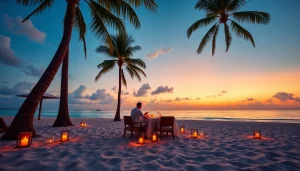 Luxury travel destinations featuring a romantic beach dinner at sunset with tropical scenery.