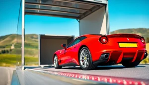 Transporting luxury cars with https://luxuryautocarriers.com in a professional trailer against scenic hills.