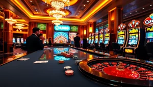 UU88 players excitedly engage at a luxurious casino table, showcasing vibrant gambling elements.