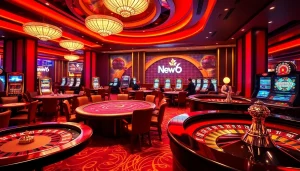 Experience the thrill of new66 at a luxury casino with vibrant poker tables and roulette wheels.