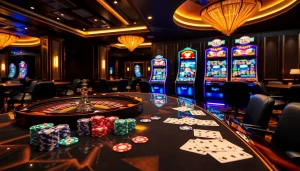 Engage in thrilling gameplay at Thabet's luxurious casino, featuring poker chips and a roulette wheel.