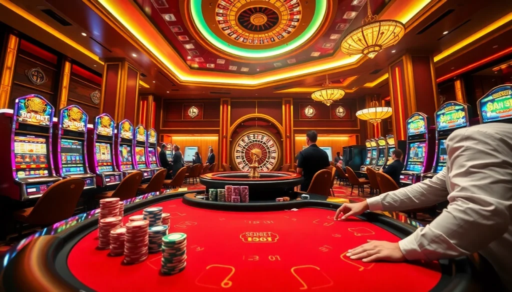 Players at the casino table enjoying blackjack excitement at https://sshbet.io/ amidst vibrant slot machines.
