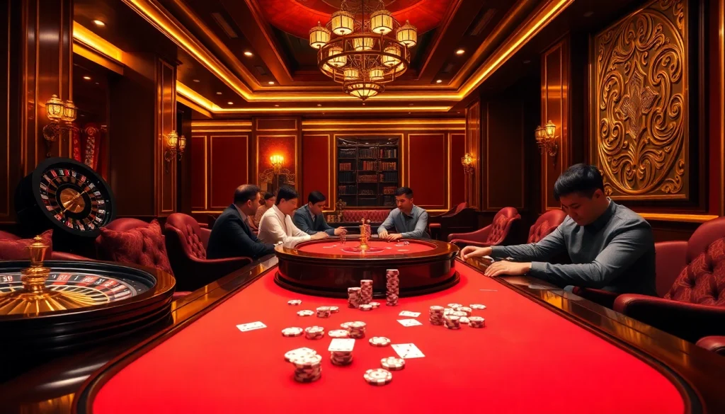 A dynamic poker setting showcasing Nhà Cái Uy Tín with players immersed in the game, featuring cards, chips, and a roulette wheel.