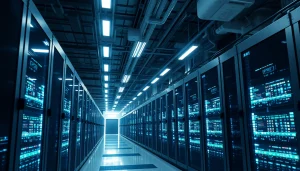 Dynamic facility showcasing advanced cloud crypto mining technology with real-time data displays.