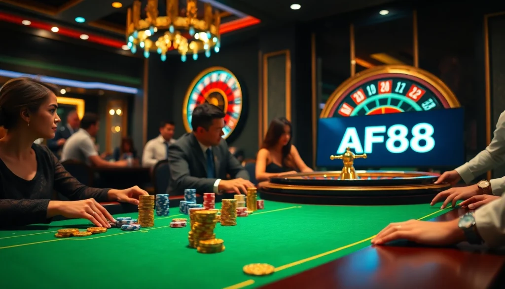Players enjoying a thrilling game at a luxurious casino table featuring AF88 LINK branding.