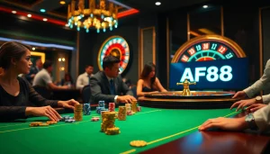 Players enjoying a thrilling game at a luxurious casino table featuring AF88 LINK branding.