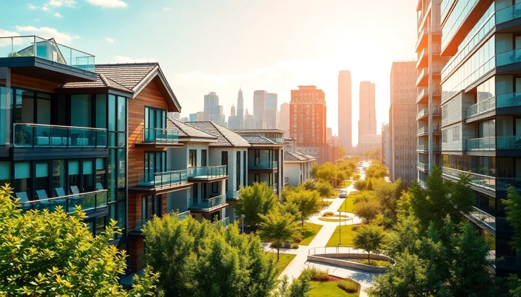 View of diverse real estate properties in an urban landscape highlighting vibrant architecture.