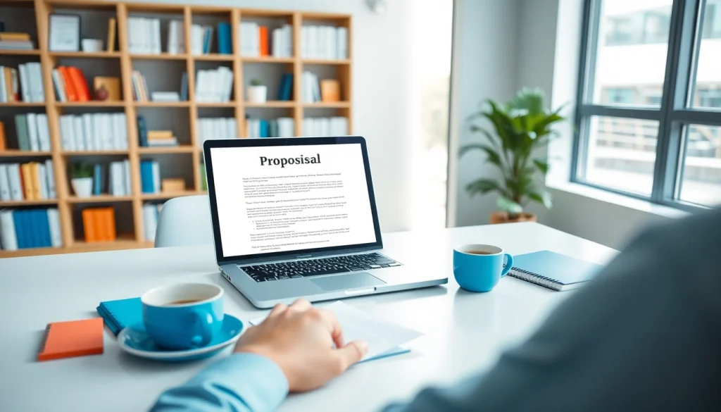 Craft a Customized Proposal Writing in a vibrant business desk setting with a laptop and stationery.