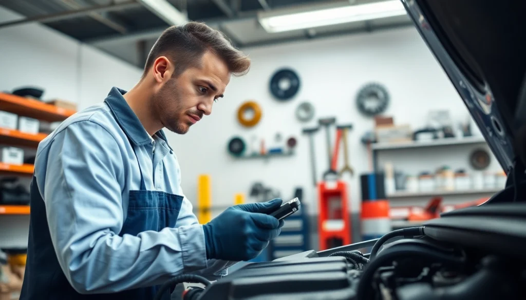 Find a qualified mechanic near me working diligently on a vehicle in a well-organized garage.