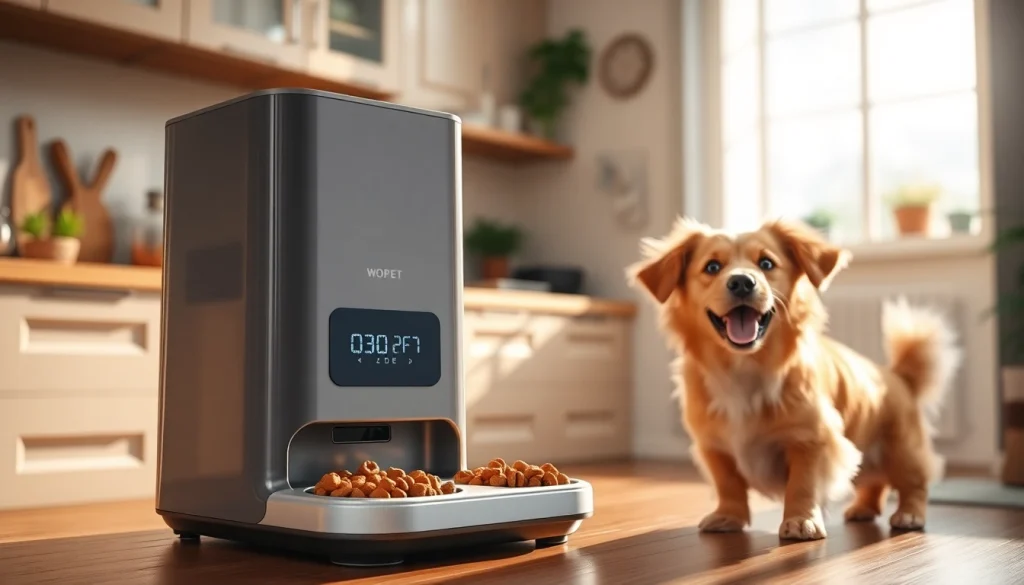 WOPET automatic pet feeder in a bright kitchen, showcasing its modern design and a dog eagerly waiting.