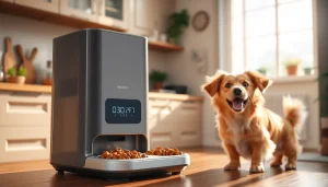 WOPET automatic pet feeder in a bright kitchen, showcasing its modern design and a dog eagerly waiting.