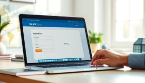 Interact with the esta application form on a laptop in a bright workspace setting.