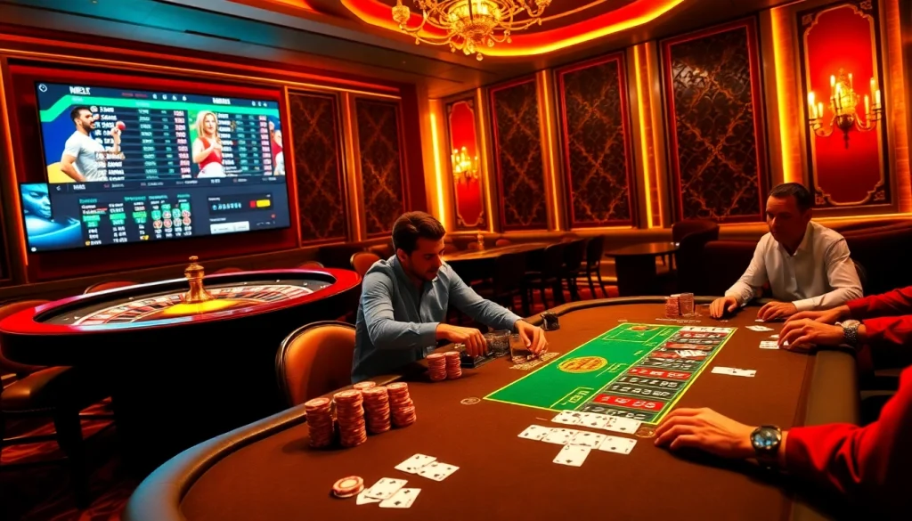 Marvelbet players engaged in an exciting poker game with vibrant casino elements.