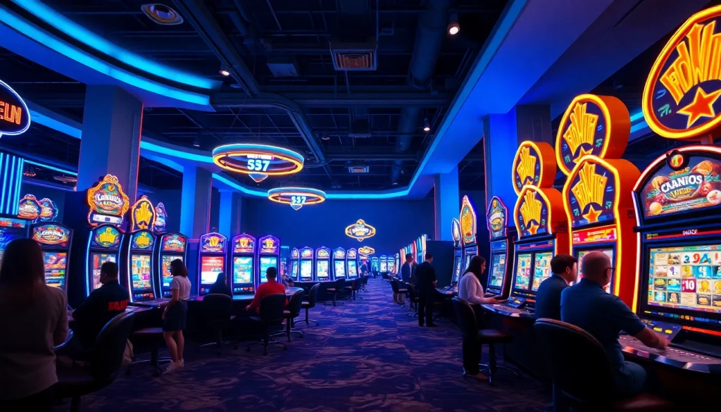 Menang besar di walettoto dengan mesin slot yang berwarna-warni dan suasana kasino yang meriah.