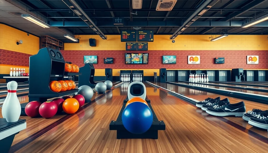 Discover premium used bowling equipment on display in a welcoming bowling alley setting.