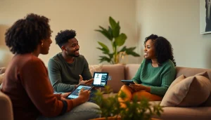 Group discussing the impact of sex AI in an inviting setting with technology integration.
