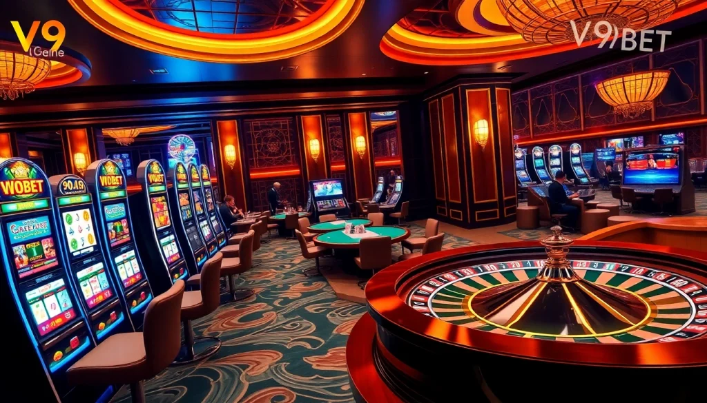 V9bet online gaming scene with vibrant slot machines and poker tables full of chips.