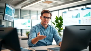 SEO expert analyzing website data with modern technology in a bright office environment.