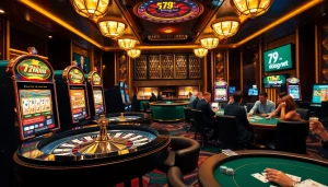 Exciting casino scene with vibrant slot machines and poker players, highlighting 79king net.