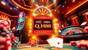 Nổ Hũ QH88 slot machine in a luxury casino setting surrounded by vibrant gaming elements.
