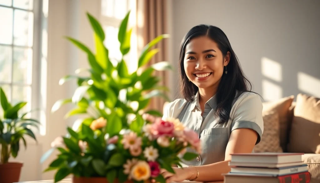 Filipino maid arranging flowers in a cozy living room, creating a warm atmosphere.